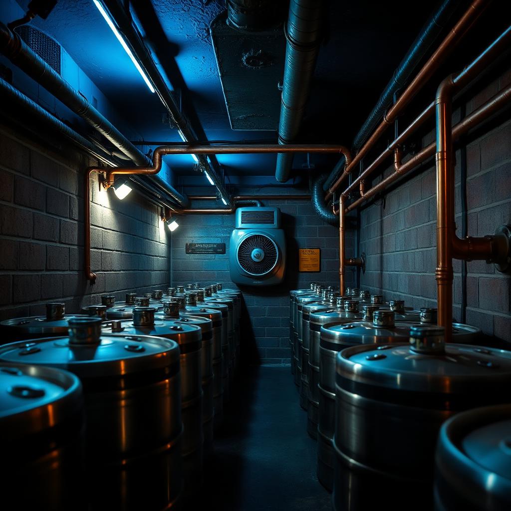 Commercial Ice Machine Installations London — Pub cellar cooling unit mounted above beer kegs and line system