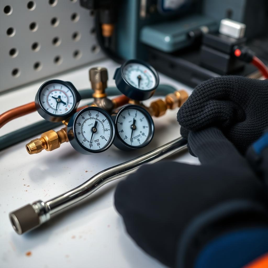 HVAC engineer’s refrigeration gauges, vacuum pump and hand tools on a workbench — Air Conditioning Installation by londonhvacpro
